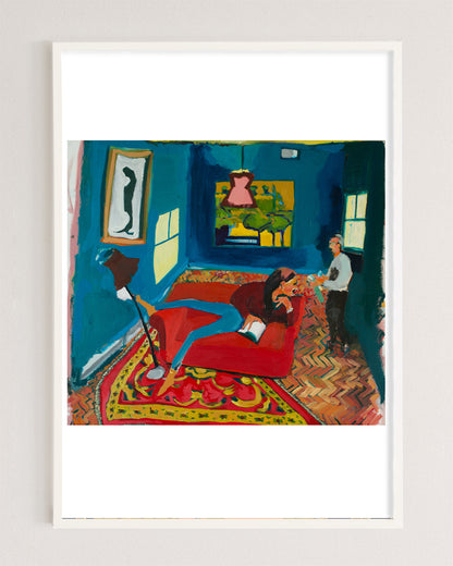 Woman Reading on a Red Sofa