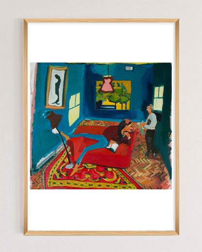 Woman Reading on a Red Sofa