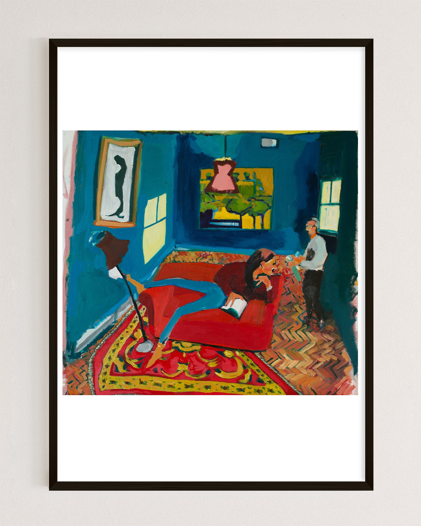 Woman Reading on a Red Sofa