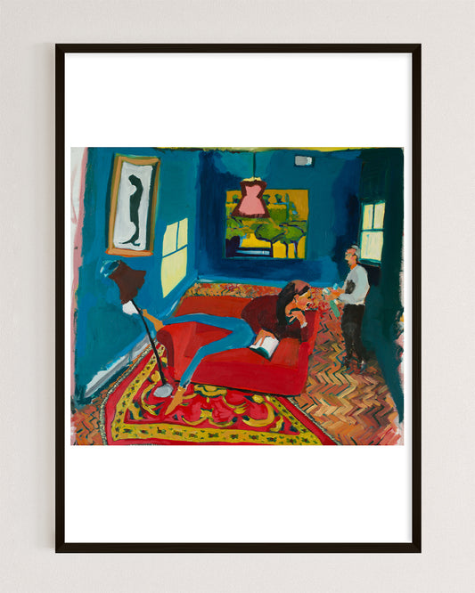 Woman Reading on a Red Sofa
