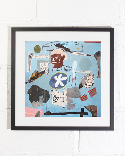 Framed artwork with abstract design on a white wall